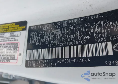 2004 Toyota Camry Xle V6 from USA, damaged, VIN 4T1BF32K54U075102